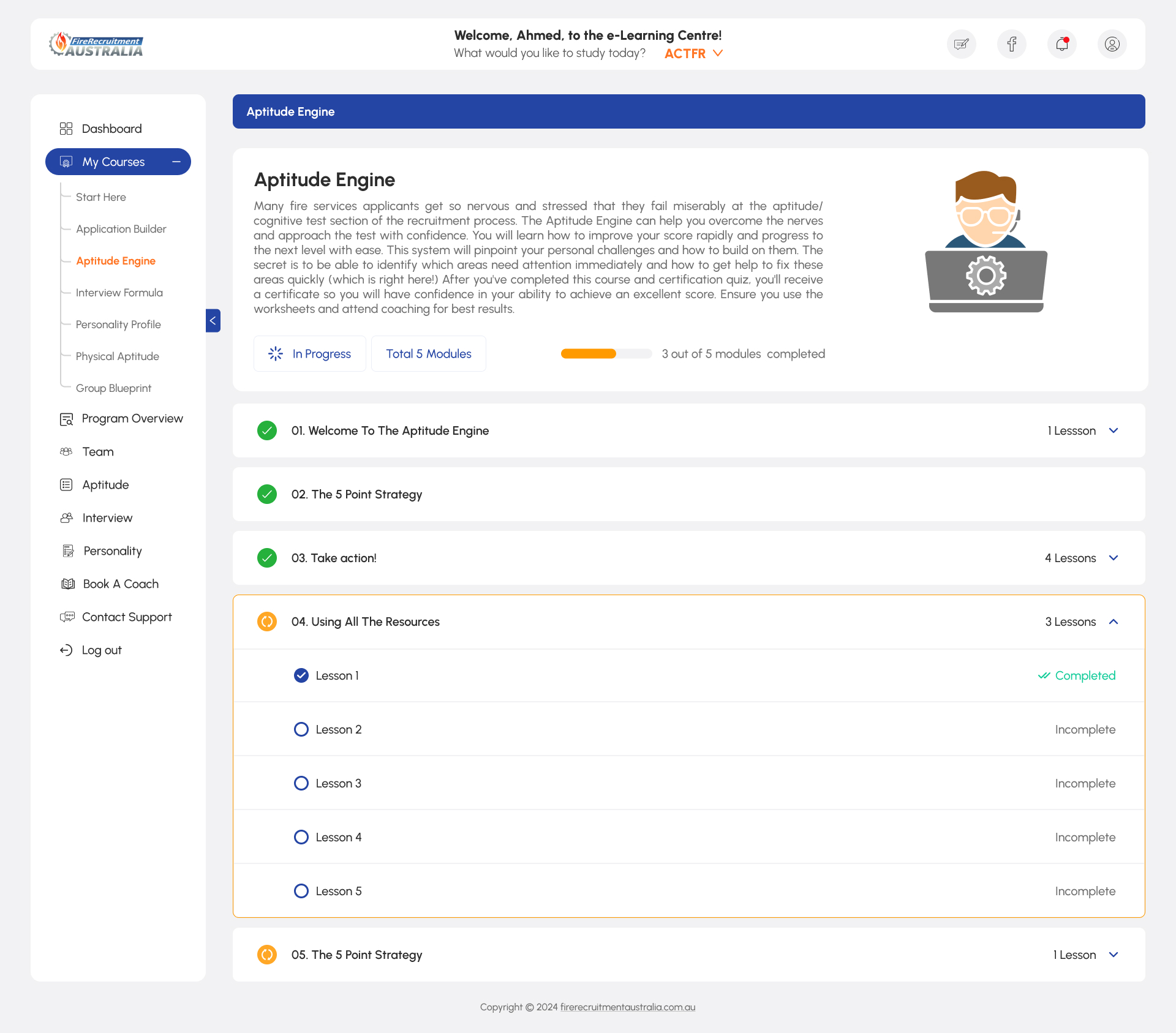 My Course: A view screen of course indicating progress and list of all modules and lessons — preview 8
